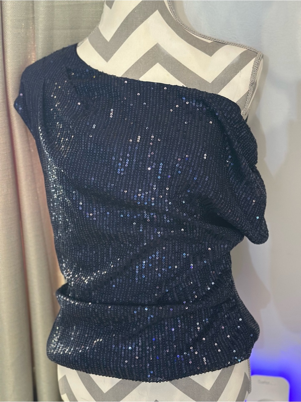 Size L Grace Karin Navy Blue Sequin Cowl Neck Party Top